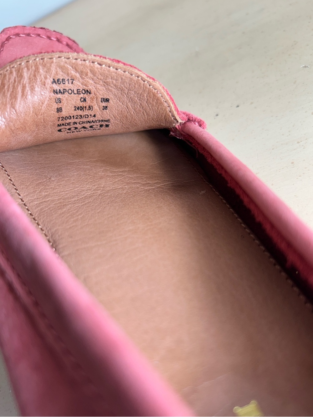 Coach Napoleon Salmon Pink Coral Suede Gold Buckle Driving Loafers - Picture 14 of 15